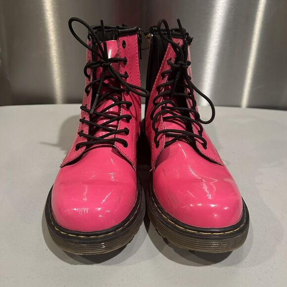 Dr Doc Martens Delaney Youth Size 3 Boots Hot Pink Lace Up Side Zip Patent - Picture 2 of 7
